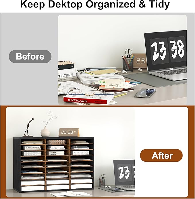 Literature Organizer 27 Slots Wooden Mailboxes for Classroom Office Mail Organizer Countertop Vertical File Sorter with Adjustable Shelves Heavy Duty Office Mailbox Cubbies, Black/Rustic Brown