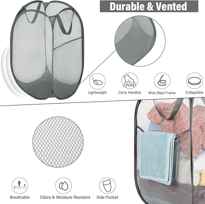 BATTOO 3 Pack Collapsible Laundry Basket Strong Mesh Pop Up Laundry Hamper for Laundry Foldable Hampers with Side Pocket Reinforced Handles for Bathroom, Kids Room, College Dorm or Travel Grey