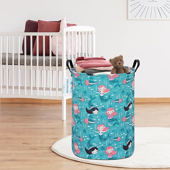 LANGYASHAN Storage Bin, Canvas Fabric Collapsible Organizer Basket for Laundry Hamper,Toy Bins,Gift Baskets, Bedroom, Clothes,Baby Nursery (Round Mermaid)