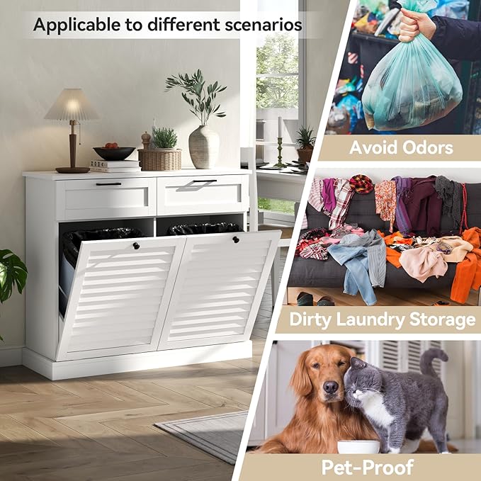 Double Tilt Out Laundry Hamper Cabinet, 30 Gallon Trash Can Cabinet with Shutter Front & 2 Drawers, Hidden Garbage Can Bin Cabinets with 2 Laundry Storage Basket for Bathroom, Kitchen (White, Full)