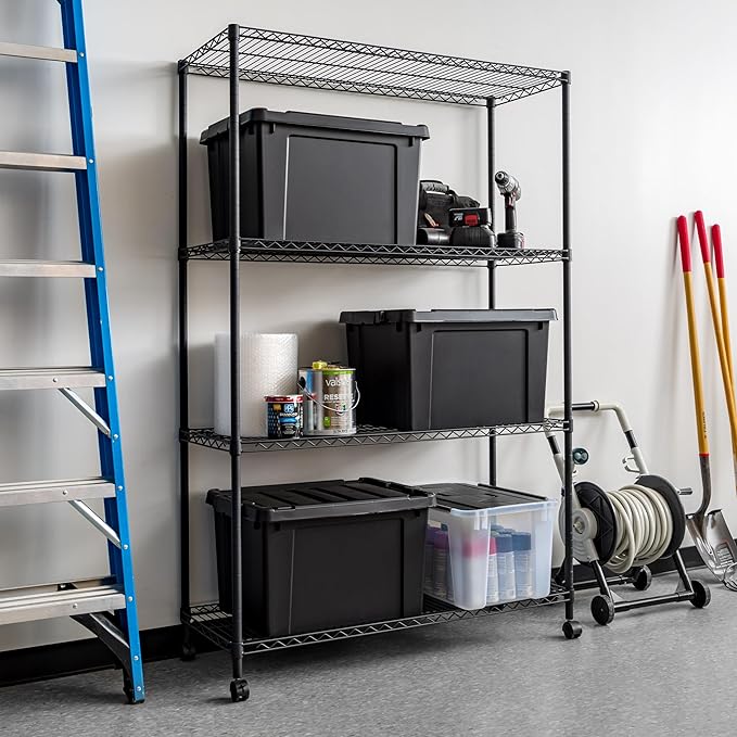 IRIS USA, Inc. 4-Tier Adjustable Heavy Duty Steel Storage Rack with Removable Locking Casters (Up to 1200 lbs Loading Capacity), Wire Organization Unit with Metal Shelves, Black (48"L x 18"W x 73.5"H)