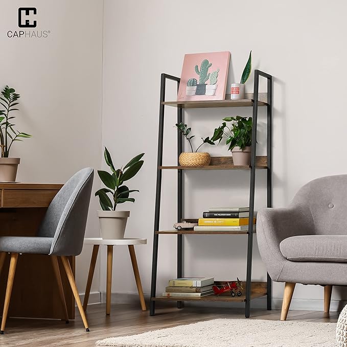 CAPHAUS 4 Tier Ladder Bookshelf, 24 Inch Width Free Standing Shelf, Bookcase Shelf Storage Rack Organizer, Industrial Book Shelves for Home Office, Living Room, Kitchen, Rustic Oak, Vintage Shelves