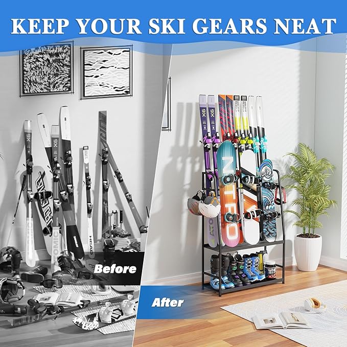 Ski Rack for Garage,Freestanding Snowboard Rack for Ski,Snowboard, Ski Boot, Ski Poles, Goggles, Helmet and More, Heavy Duty Steel Floor Stand Ski Organizer for Garage Basement