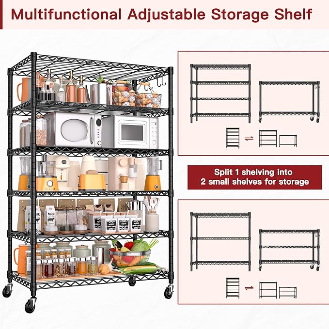 PrimeZone 6 Tier Wire Shelving with Wheels 78''H 1500lbs Storage Shelves NSF Certified Heavy Duty Steel Metal Shelf Adjustable Rolling Rack Kitchen Garage Closet Pantry Laundry 78''HX36''WX18''D 3Pcs