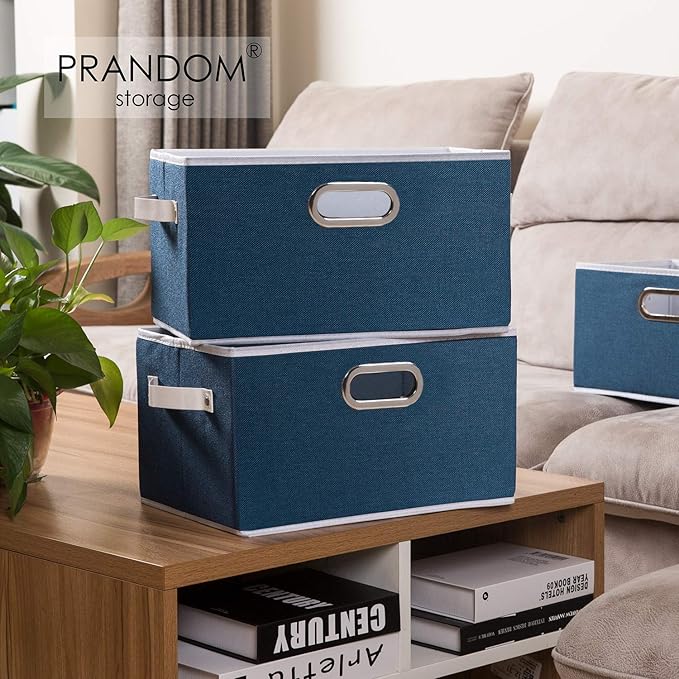 PRANDOM Larger Collapsible Storage Bins for Closet [5-pack] Decorative Linen Fabric Storage Baskets Cubes with Leather/Metal Handles for Living Room Royal Blue (17.3x12.2x10.4 Inch)