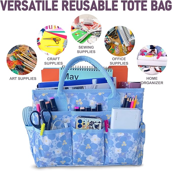 Cupohus Art Organizer Craft Storage Tote Bag with Pockets and Handles, Oxford Fabric Carrying Caddy for Teacher, Officer, Artist, Traveler, and more-Little Blue Flower