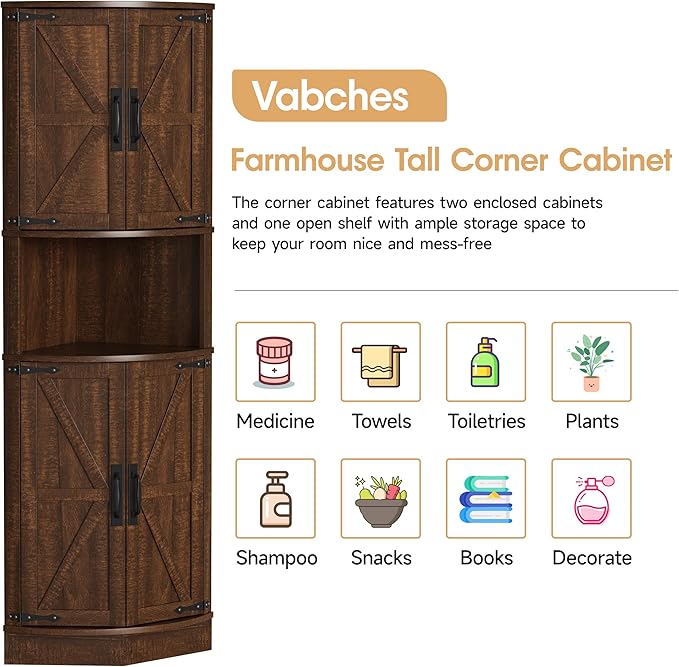 Vabches 64.8" Tall Farmhouse Corner Cabinet with 4 Doors and 5 Storage Shelves, Farmhouse Storage Cabinet with Barn Door Design, Home Space Saver for Living Room, Kitchen, Laundry Room,Brown