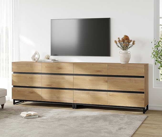 WAMPAT Dresser for Bedroom, Closet Organizers and Storage with 12 Drawers, Chest of Drawers with Metal Base, Modern Wooden Dresser for Living Room, Bedroom, Oak