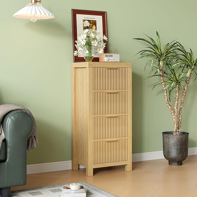 Mid-Century Modern Tall Wooden Dresser with 4 Spacious Drawers, Entryway Storage Chest with Smooth Metal Handles, Bedroom Clothes Organizer for Entryway, Office, and Small Spaces, Natural