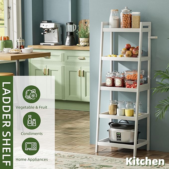 Bookshelf, 5 Tier Ladder Bookcase with Bamboo Frame, Freestanding Tall Narrow Display Plant Shelf for Living Room, Kitchen, Bedroom, Balcony, White