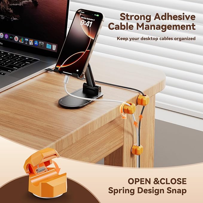 8 Pack Spring Cable Clips,Rotatable Cord Organizer Desk Cable Management Cord Holder Adhesive Phone Charger Cord Clips for Home Office Car Wall Nightstand Accessories Orange