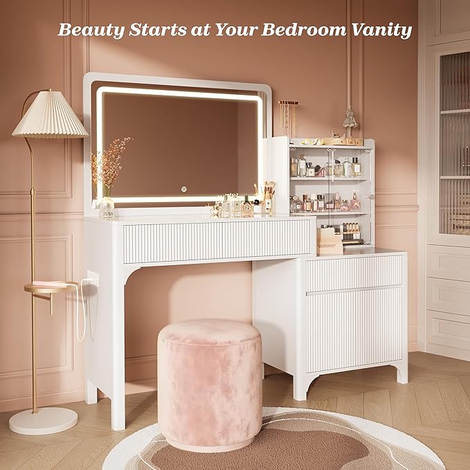 PRAISUN 55'' Large Makeup Vanity Desk with 35.4'' LED Mirror & Power Outlets, Painted Surface White Vanity with Glass Top, 3 Drawers and Cabinet, Fluted Big Vanity Table