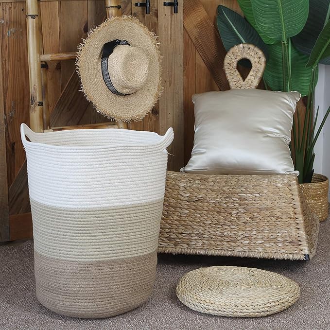 Sea Team Large Size Cotton Rope Woven Storage Basket with Handles, Laundry Hamper, Fabric Bucket, Drum, Clothes Toys Organizer for Kid's Room, 20 x 14 inches, Round Open Design, White & Khaki