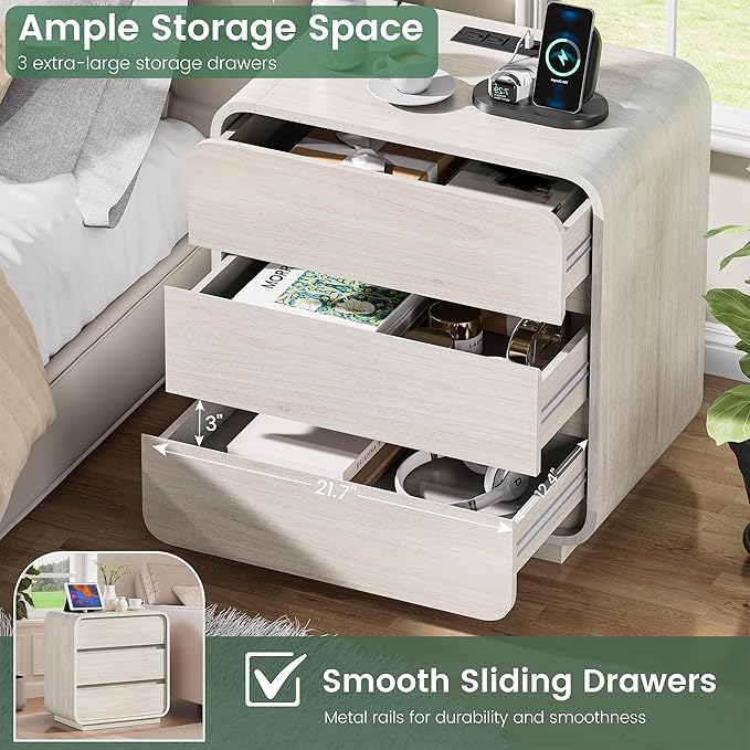 White Night Stand Set of 2 with Charging Station, Modern Dresser End Table with 3 Storage Drawers, Curved Wood Bedside Table, Mid Century Night Stand for Bedroom Dorm, 23.2" Wide
