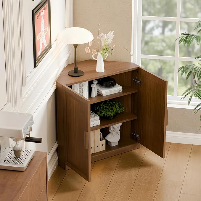 Casaphoria Farmhouse Corner Cabinet, Wooden Corner Storage Cabinet with Adjustable Shelves, Narrow Storage Organizer for Small Space, 31" H x 31" W x 16" D, 44Lb, Walnut