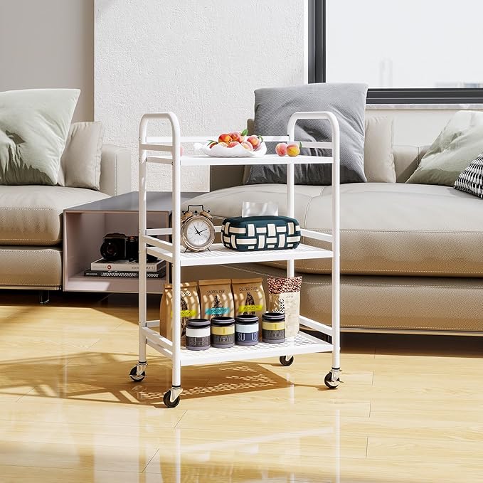 HDANI 3 Tier Rolling Cart,Heavy Duty Multifunctional Metal Frame-Supports 22 Lbs Per Tier,Rolling Cart with 2 Lockable Wheels for Office,Home,Bedroom,Kitchen,Bathroom (White)…