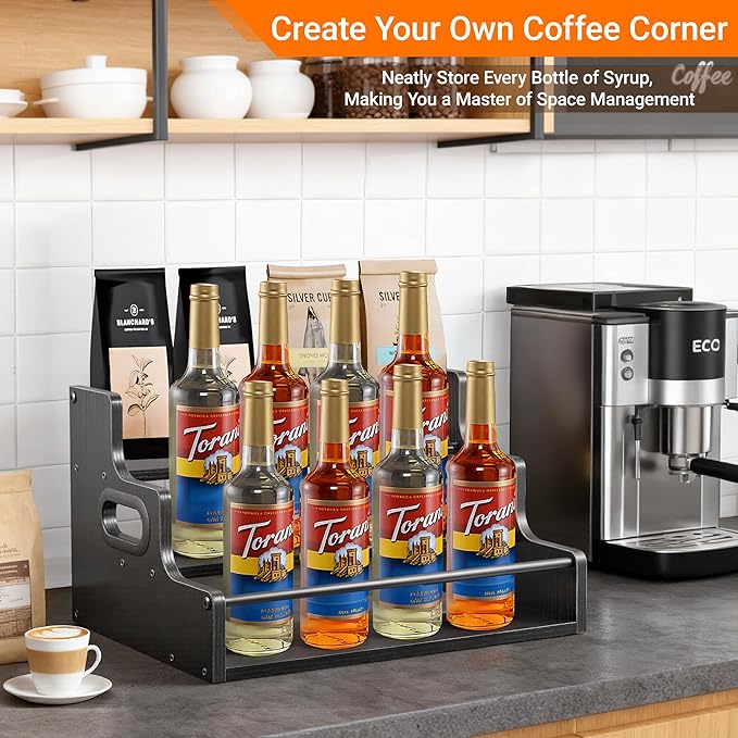 3-Tier Liquor Bottle Display Shelf,Coffee Syrup Rack Organizer,Water Bottle Organizer, Mini Bar Cabinet, Rustic Bar Shelves for for Liquor Whiskey, Spirits（Black）