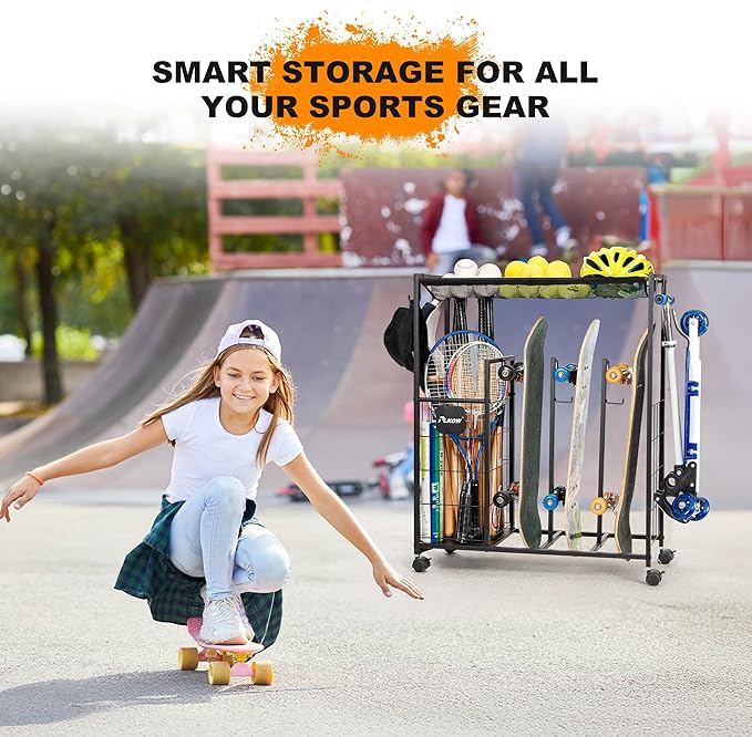 PLKOW Skateboard Storage Rack with Wheels, Sports Organizer for Skateboards, Scooters, Balls, Helmets and Sports Gear, Heavy Duty Sports Storage Rack for Garage, Home or School Use