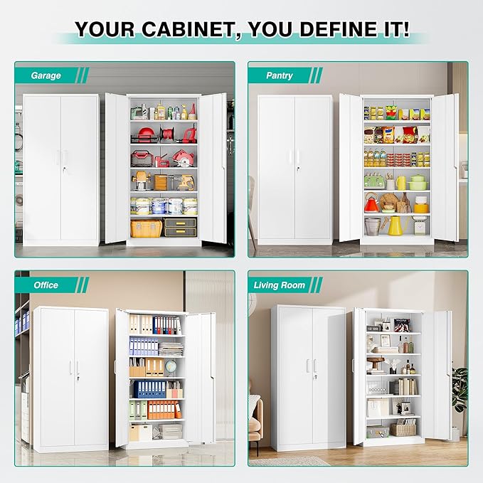 White Metal Storage Cabinet with 2 Doors and 6 Shelves,71" Tall Metal Cabinet with Lock,Lockable Garage Storage Cabinets,Locking File Cabinet,Steel Tool Cabinets for Home,Office,Garage,Shop