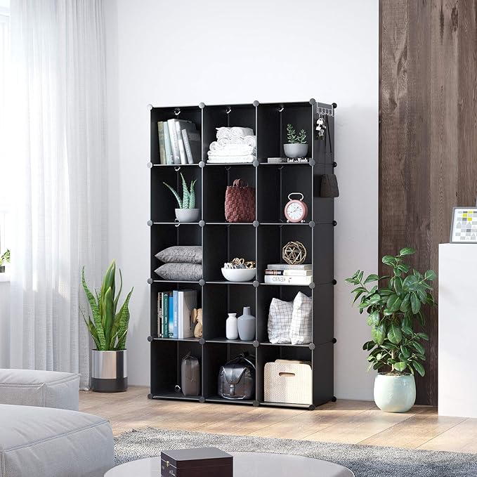 C&AHOME Cube Storage Organizer, 16-Cube Shelves Units, Plastic Storage Cubes, DIY Closet Organizer, Modular Closet Storage Shelves Ideal for Home, Bedroom, 48.4" L × 12.4" W × 48.4" H Black SUM3016H