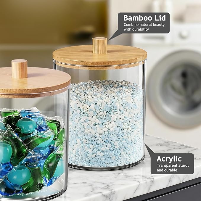 SheeChung 1 Pack 50 Oz Large Apothecary Jar with Bamboo Lid, Laundry Pods Container, Storage Jars for Bathroom Organization, Plastic Canisters with Cute Stickers Spoons(Natural)