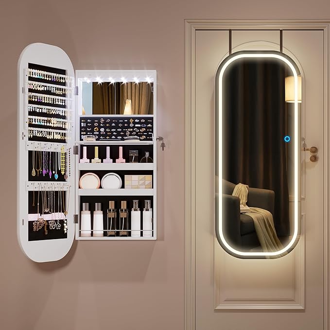 LVSOMT LED Mirror Jewelry Cabinet, Wall/Door Mount Jewelry Mirror Organizer, Rounded Full Length Mirror with Storage, Lockable Jewelry Armoire, 16" Wide, Foldable Shelf, Interior Mirror, White