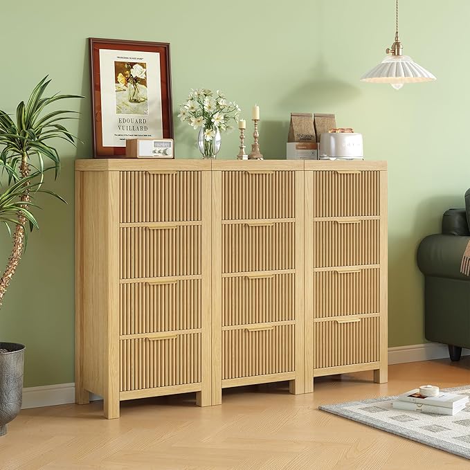 Mid-Century Modern Tall Wooden Dresser with 12 Spacious Drawers, Entryway Storage Chest with Smooth Metal Handles, Bedroom Clothes Organizer for Entryway, Office, and Small Spaces, Natural X3