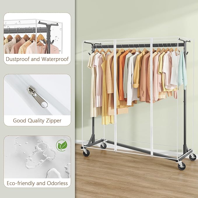 Hoctieon Z Clothes Rack with Cover, Metal Heavy Duty Clothing Rack, Rolling Garment Rack with Wheels, with Dustproof Cover Waterproof Protector, with 2 Durable Zippers, for Hanging Clothes, Black