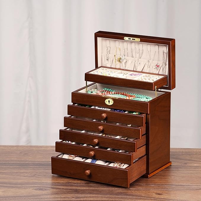 Jewelry Boxes and Organizers - Large Wooden Lockable Cabinet with Key, 8-Layer dresser top jewelry organizer, Vintage Jewelry box for Women and Men GiftIdea