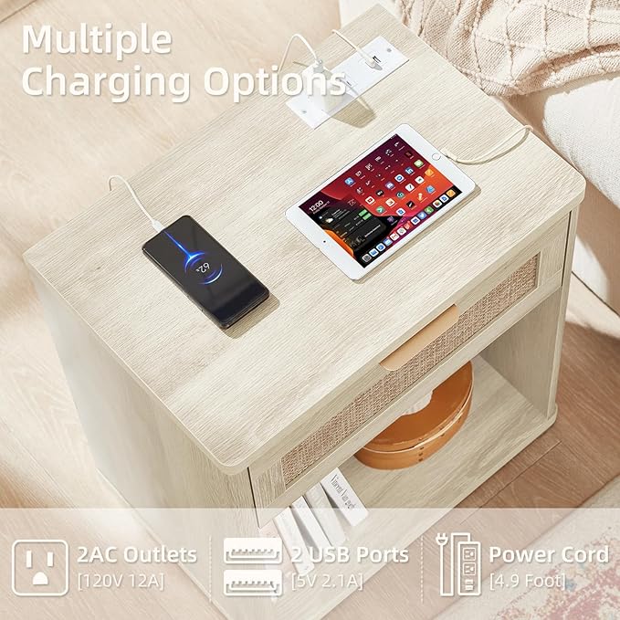 LEYAOYAO Rattan Nightstand with Charging Station, Grey White Night Stand with Drawer, 23" Wide Boho Bedside Table with Storage Shelf, Bed Side End Tables for Bedroom, Living Room, Hallway
