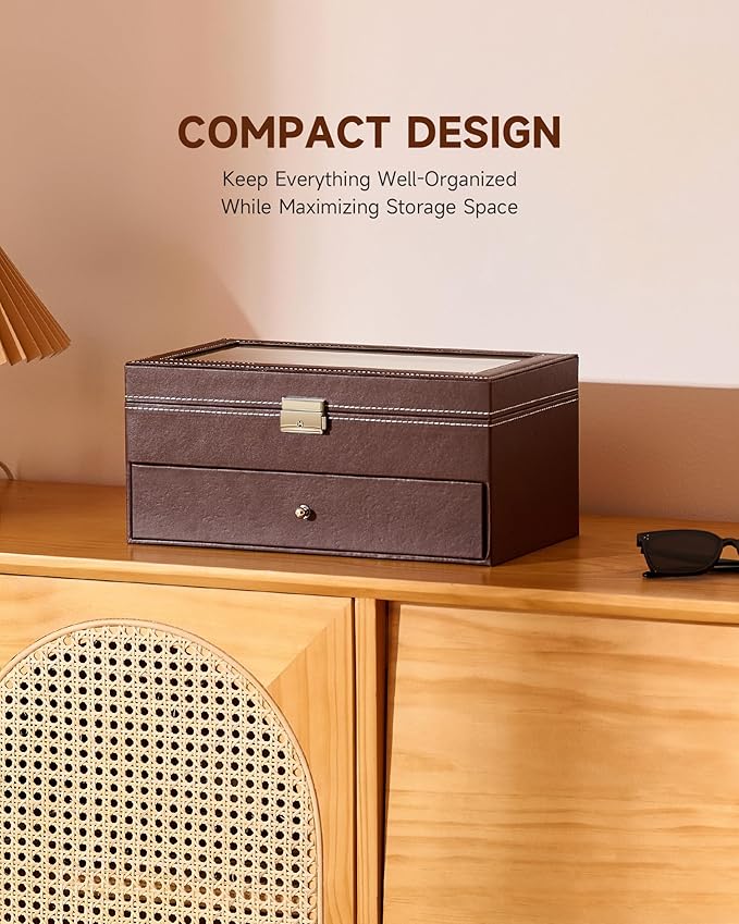CO-Z Sunglasses Organizer with 12 Slots, Leather Eyeglasses Storage Box for Women Men, 2 Story Lockable Display Case for Multiple Glasses, Sunglasses Jewelry Collection Holder with Drawer, Brown
