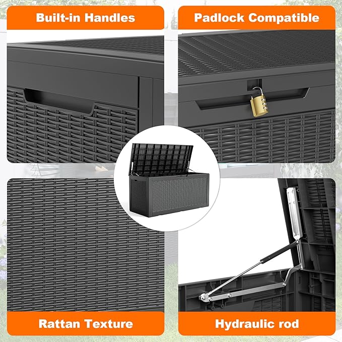 120 Gallon Resin Deck Box, Lockable Patio Outdoor Storage Box for Furniture, Garden Tools and Tools Storage, Waterproof Outside Storage Boxes - Black