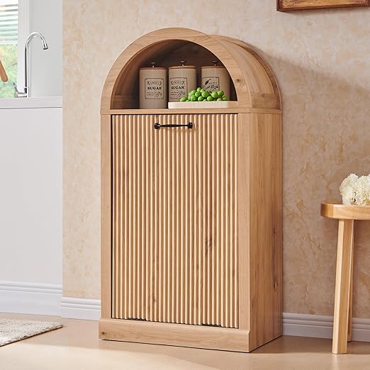 Arched Tilt-Out Trash Can Cabinet, Fluted 10 Gallon Trash Can with Open Shelf, Modern Laundry Hamper Cabinet, Hidden Garbage Can with Storage Basket for Kitchen, Living Room, Narural