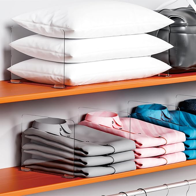 Yieach 6 Pack Acrylic Shelf Dividers for Closet Organization - Suitable for All Cupboard,Wood Shelves -Clear Closet Dividers for T Shirt,Towel,Bag,Purse Dividers,Handbag Organizer,Sweater Organizer