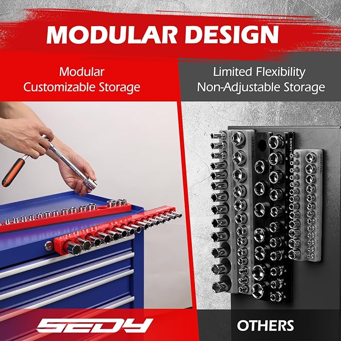 2-Piece 3/8"-Drive Metric Magnetic Socket Organizer Set (Holds 30 Sockets) - Detachable Tool Tray with 5mm Magnetic Base, Screw-Fixed Design & Heavy-Duty Modular Storage for Garage/Home Workshop