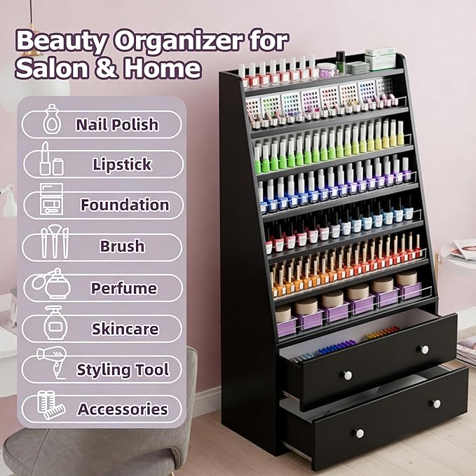 Nail Polish Rack with 2 Drawers, Salon Display & Storage Cabinet with Acrylic Baffle, Holds 700+ Bottles of Polishes, Essential Oils & Perfumes, Suitable for Nail Salon & Beauty Store, Black