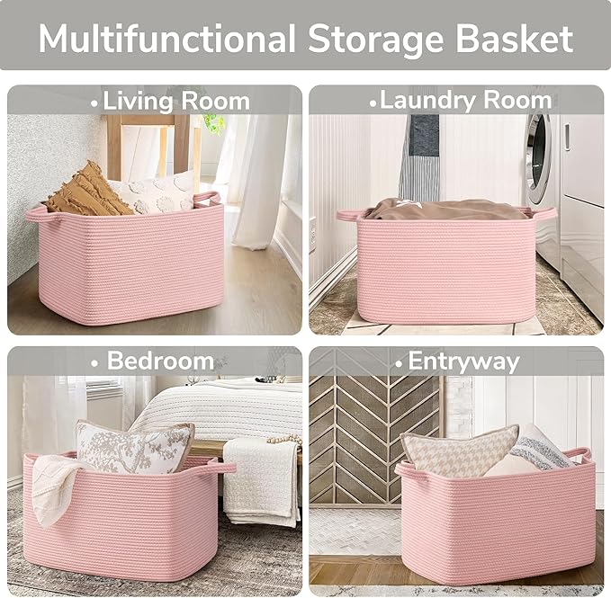 Goodpick Large Blanket Basket, Woven Baskets for Storage, Large Baskets for Organizing, Rectangle Toy Basket for Nursery, Bedroom, 21.6" x 14.9" x 11.8", Pink