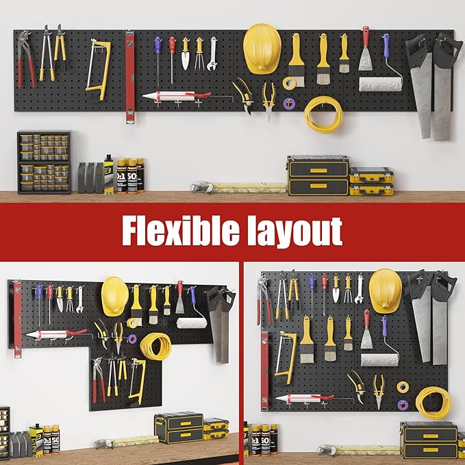 4 Pack Metal Pegboard Panels with 50 Hooks, Black Pegboard Wall Organizer, Pegboard Accessories, Heavy Duty Garage Tool Storage System for Workbench, Workshop, Office, Craft Room