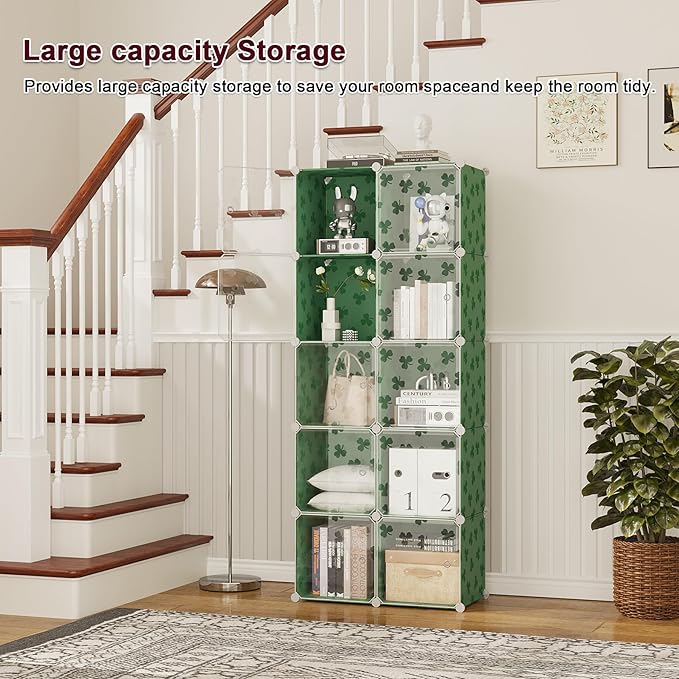 C&AHOME Cube Storage Organizer with Doors, 10-Cube Shelves, DIY Plastic Modular Bookshelf, Closet Clothes Storage Shelving Ideal for Bedroom, Living Room, Clover Embossed, Green
