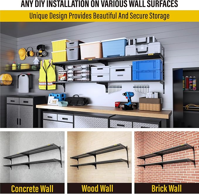 2-Pack 2 Tier 1.3x3ft Garage Shelving Wall Mounted, 500lbs Load Capacity，15.6x36inch per Shelf Height Cassette Adjustable Floating Shelves, Black