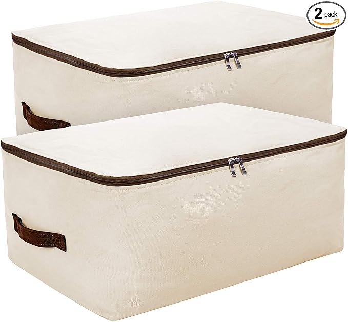 Pack of 2, 27.5 * 19.7 * 11",100% Cotton Breathable Soft Big Storage Bags for King/Queen Size Blankets, Duvets, Pillows, Sweaters, Down Jackets in Wardrobe Closet