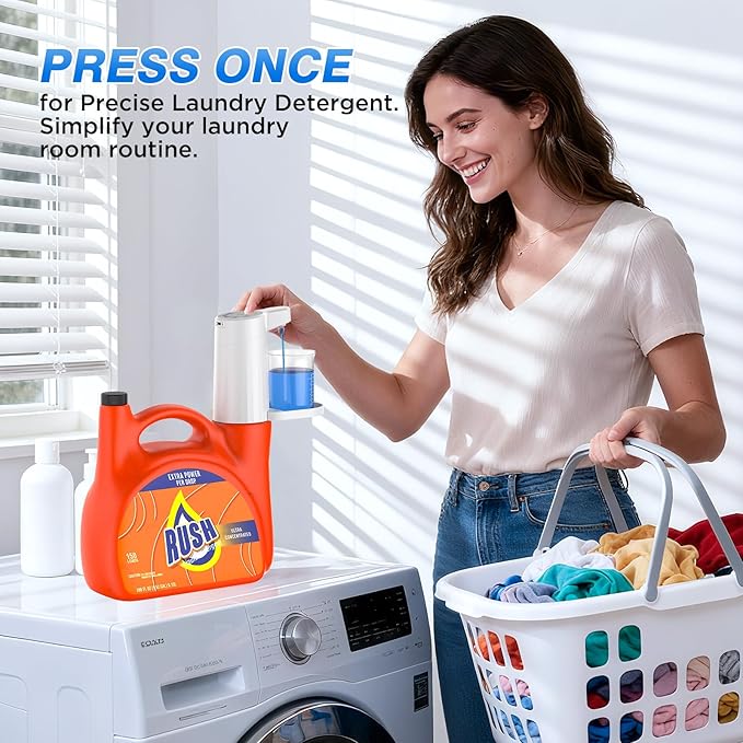 Electric Laundry Detergent Dispenser, 2000mAh USB-C Rechargeable Laundry Soap Dispenser Pump, 15-75 ml One-Press Dose, No-Spill for Liquid Detergent Containers, Laundry Organization(White)