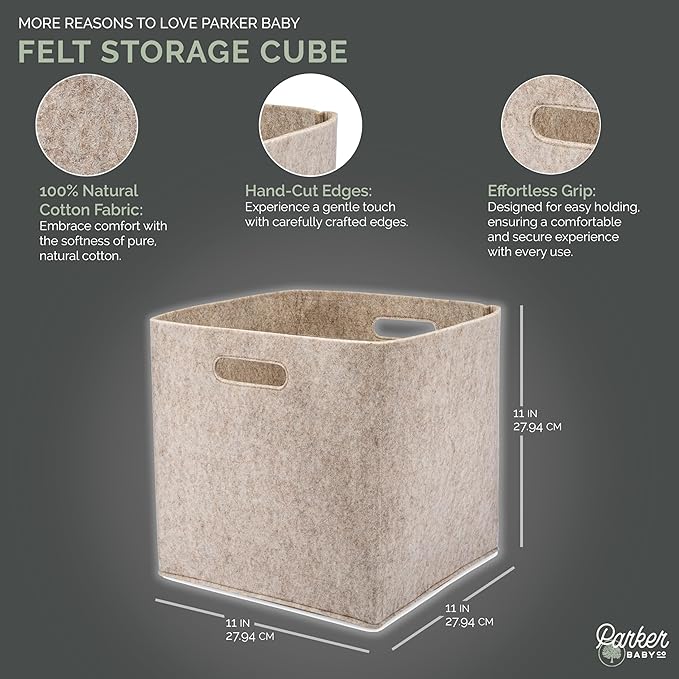 Parker Baby Felt Foldable Storage Cube - 11 Inch Nursery Cubby Bin for Cube Organizer, Closet Organizers and Storage Toy Bin, Rope Baskets Bins for Toy’s Storage - Oatmeal