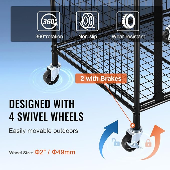 VEVOR Rolling Sports Ball Storage Cart, Lockable Basketball Cage with Double Lids, Sport Equipment Holder Organizer for Indoor Outdoor, Steel Storage Rack for Garages, Playgroup, Gym and Schools