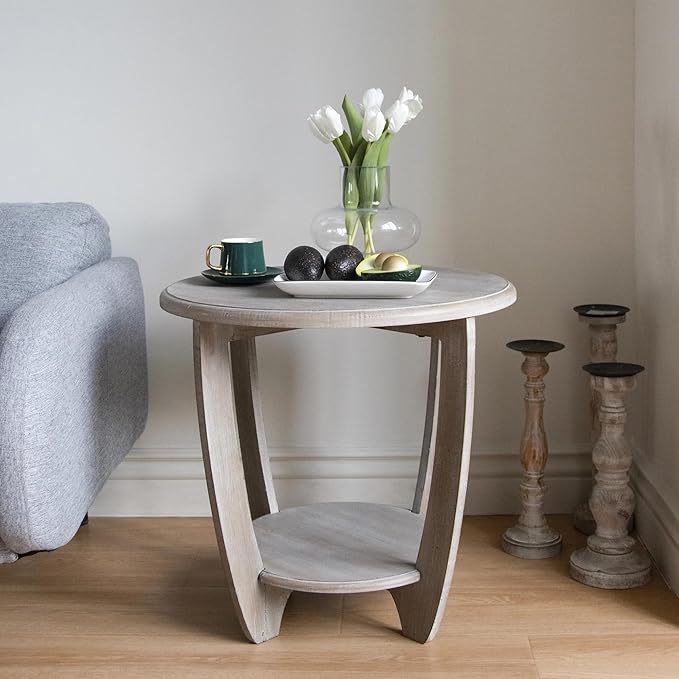 COZAYH Rustic Farmhouse End Table with Storage Shelf, French Country Modern Round Accent Side Table for Small Spaces, Vintage Grey Finish
