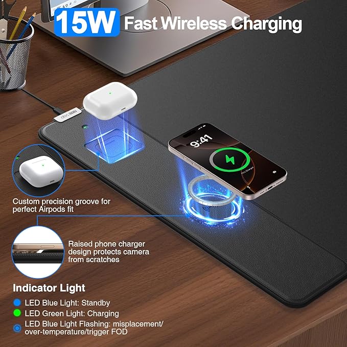 Magnetic Wireless Charging Mouse Pad, 31.5"x15.8" Large Gaming Desk Mat for Keyboard/Laptop, Non-Slip Base & 20W PD Adapter, Waterproof Ultra-Smooth Surface Mousepad for Gamer, Office & Home, Black