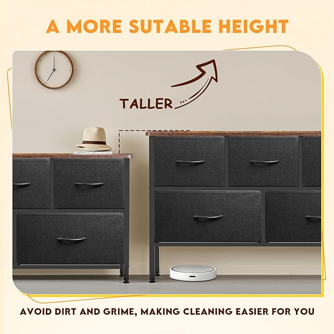 Curved Profile Dresser for Bedroom, Chest of Drawers, 5 Storage Drawers Organizer Unit, Black Dresser with Fabric Bins for Closet, Living Room, Kid Room (Black and Rustic Brown)