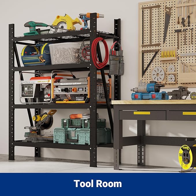 FLEXIMOUNTS Garage Shelving Heavy Duty, 49.6" W 4-Tier 10000LBS Industrial Shelving Unit with 4 Hooks, Adjustable Storage Shelves for Garage, Basement, Warehouse, 71" H x 49.6" W x 23.6" D