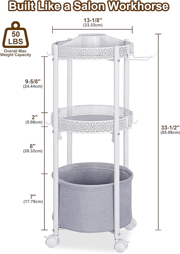 Rolling Makeup Cart Organizer with Removable Hair Dryer Holder, 3 Tier Round Floor Makeup Organizer with Wheels for Cosmetic, Perfume, Nail Polish, Small Space Bathroom Storage Cart, White