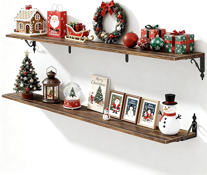 Fun Memories 55 Inch Floating Shelves, Long Floating Shelves Wall-Mounted, 8 Inch Deep Bookshelf with Bracket, 55" W x 8" D Shelves for Wall Display & Storage, Rustic Brown, Set of 2